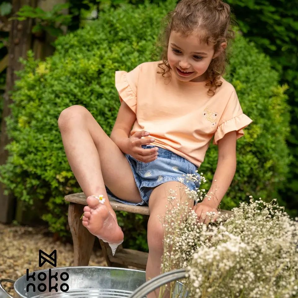 フリルスリーブ半袖Tシャツ ドロップショルダー ピーチオレンジ くすみ