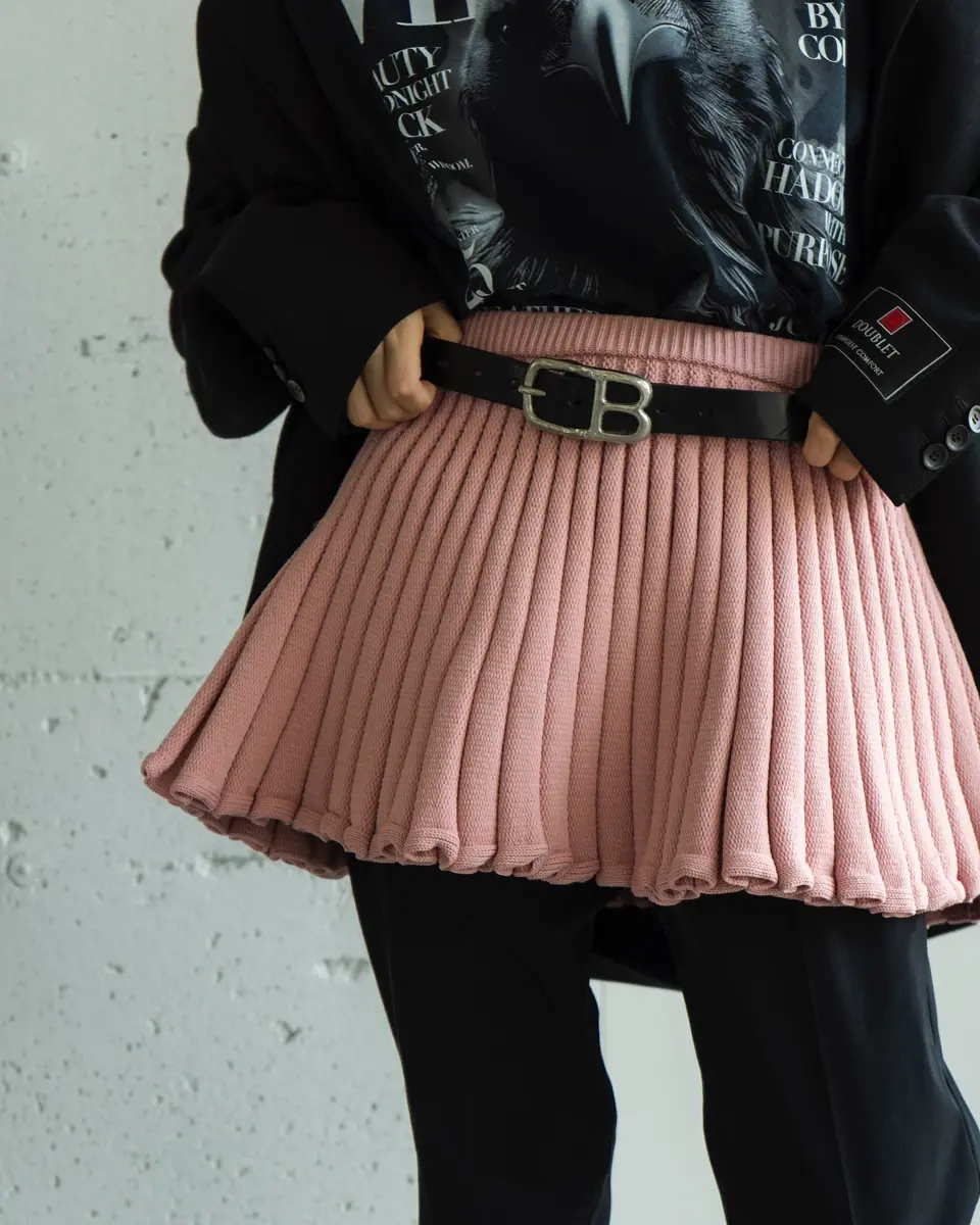 今期新作希少完売SサイズブリーフィングWOOL KNIT SKIRTブラック Waist Frill Vegan Leather Mid-length Skirt