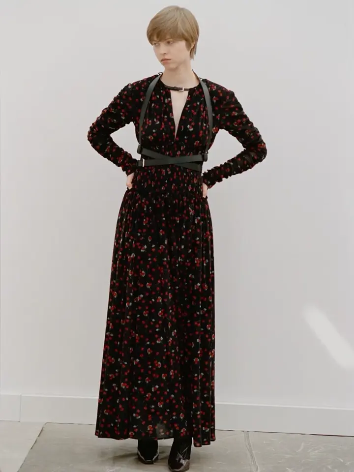 PRINTED VELVET TULLE SHIRRING DRESS-プリントベルベットチュール