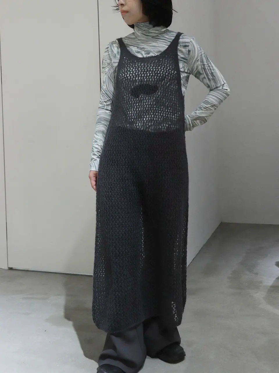 〖美品〗マメクロゴウチ　マーブルプリントシアージャージーハイネックトップス Marble Print Jersey High Neck Top-マーブルプリントジャージー