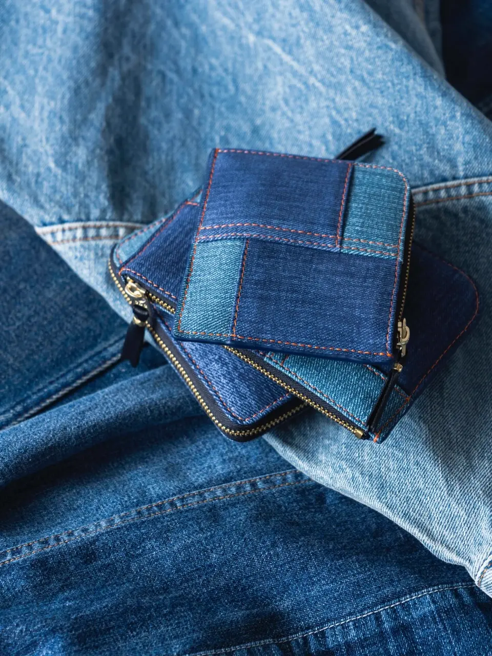 DENIM POCKET LEATHER ZIP POUCH-デニムポケットレザージップポーチ