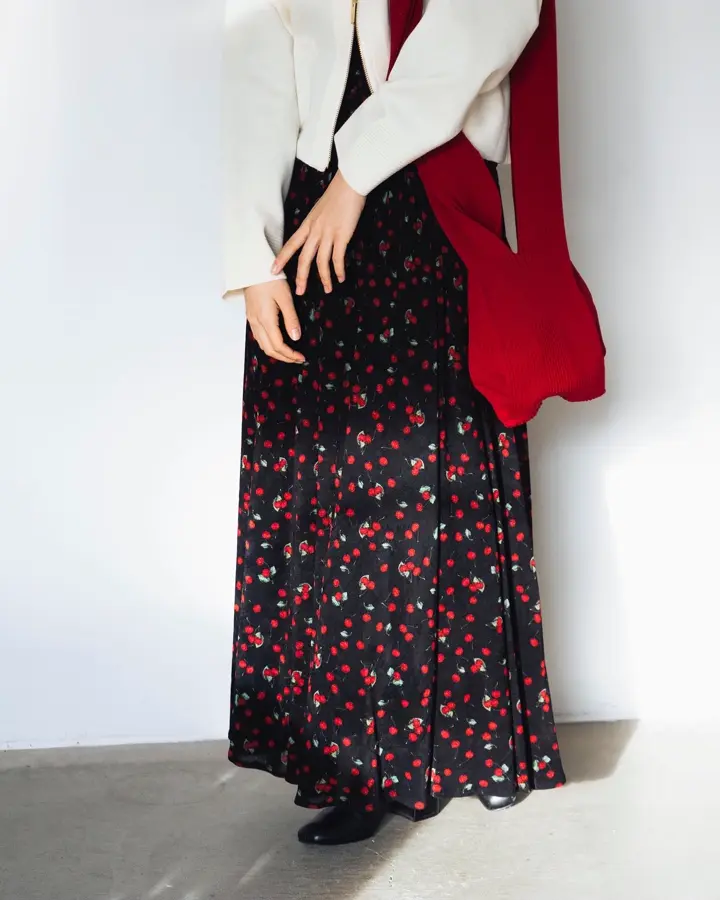 PRINTED VELVET TULLE SHIRRING DRESS-プリントベルベットチュール
