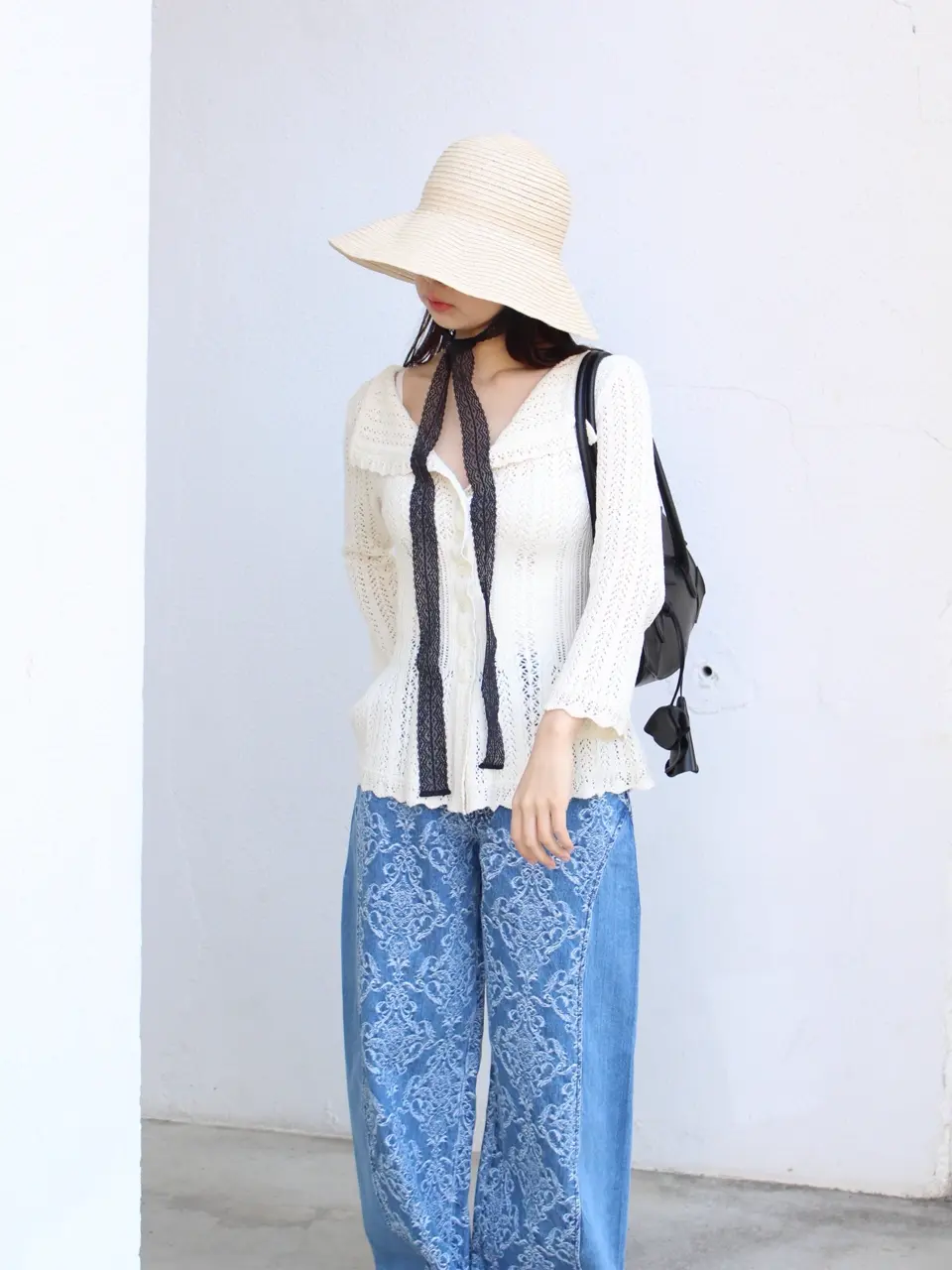 STRAW HAT WITH LACE RIBBON-ストローハットウィズレースリボン-FETICO