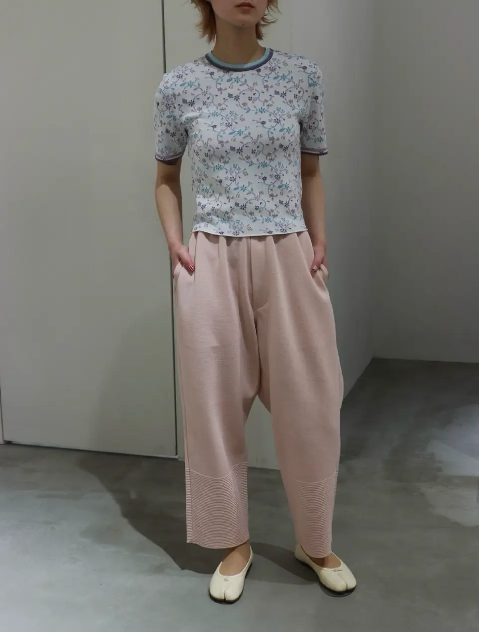 Floral Motif Glitter Short Sleeve Knit Top-フローラルモチーフ