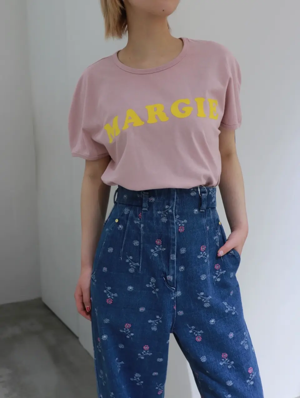 Floral Jacquard High Waisted Denim Trousers-フローラルジャカード