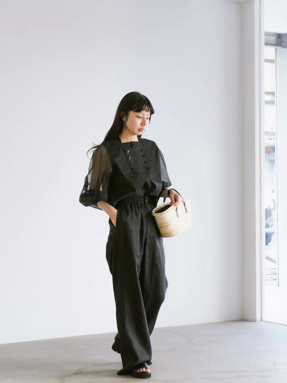 T/C SHEER SLEEVE SAILOR CROPPED BLOUSE-ポリエステルコットンシアー