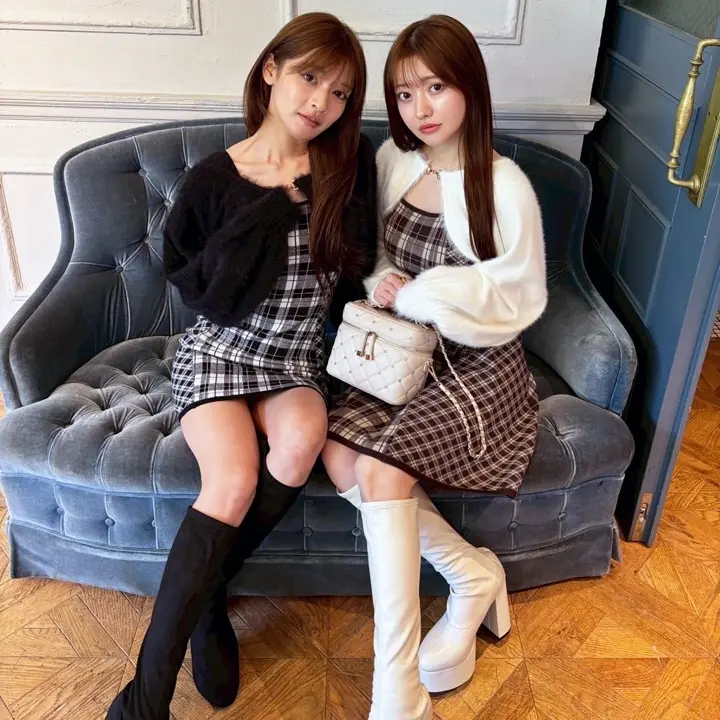 【形が選べる】フェザーチェックアンサンブルワンピース タイト 形が選べる】フェザーチェックアンサンブルワンピース[品番