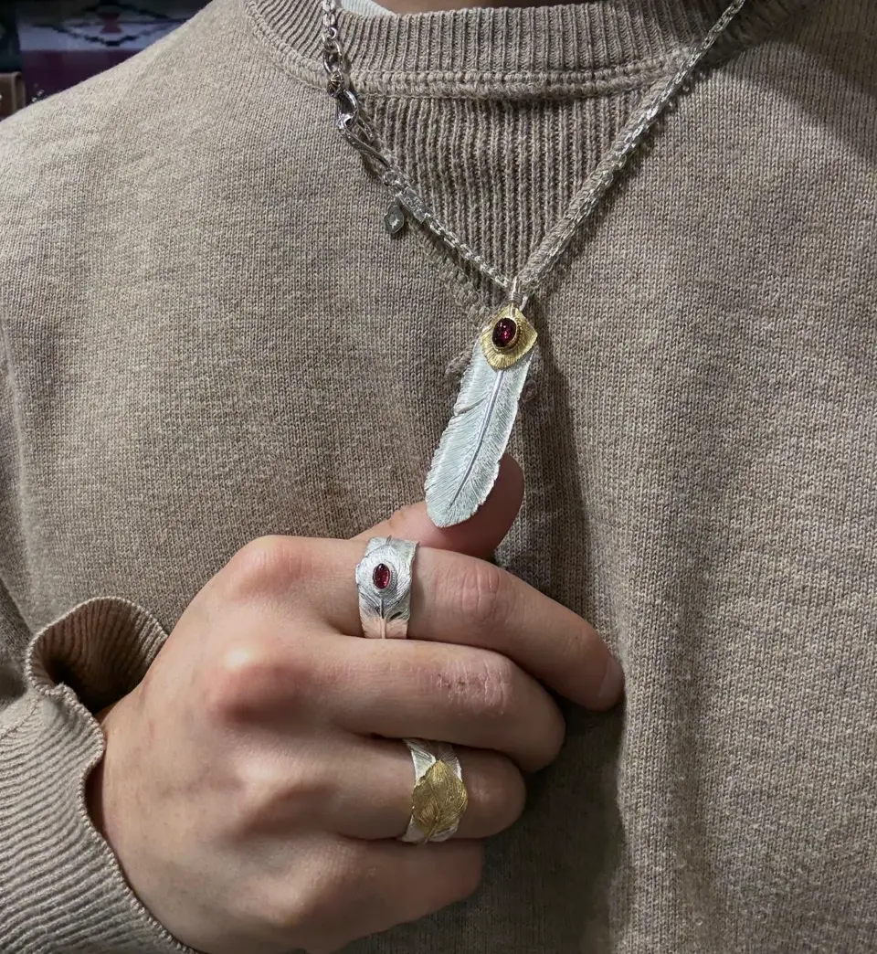 ハート付 フェザーモチーフ シルバー925リング ナチュラルシルバー