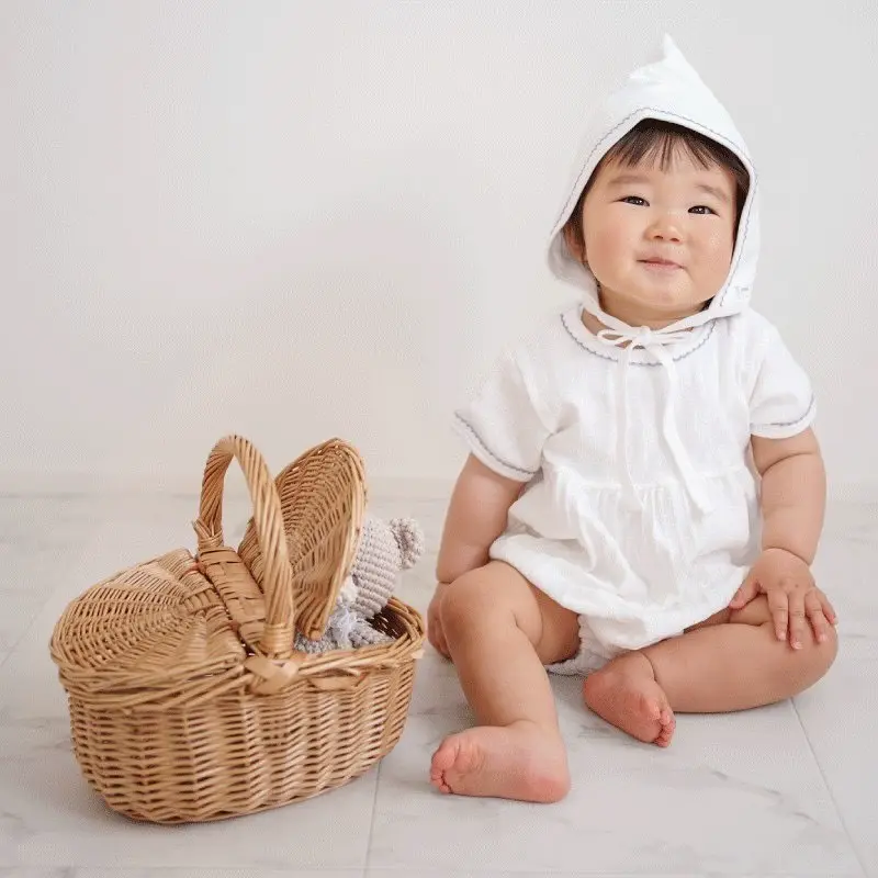 ふんわりシルエットの半袖ギャザーロンパース【70cm/80cm】【日本製 