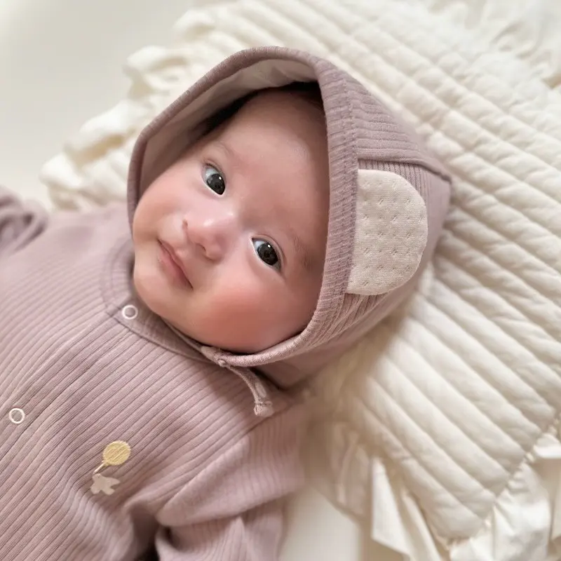 耳付き！リブ素材ののボンネット[綿100％]- ベビー服・出産準備
