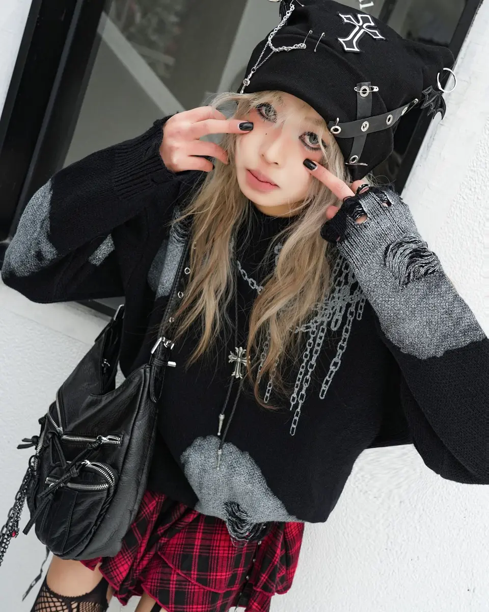 y2kネコミミ付きクロスチャームチェーン編み帽子