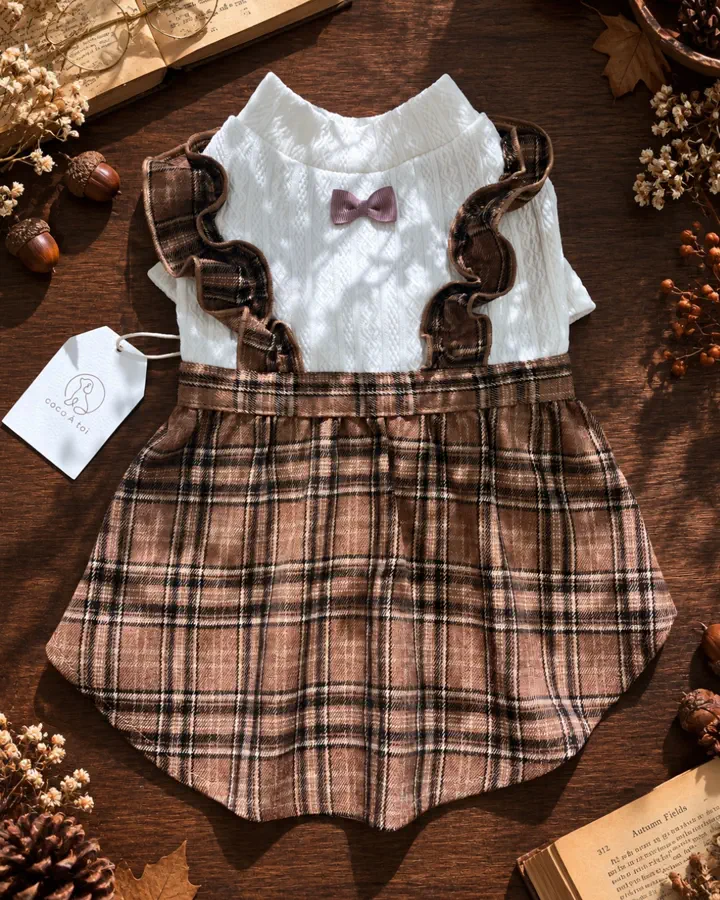 ♥︎︎ぽてと♥︎︎ ハンドメイド 犬服 チョコレートチェック ワンピース 犬服専門ブランド coco A toi(ココアトワ)｜小型犬のための上質な犬服
