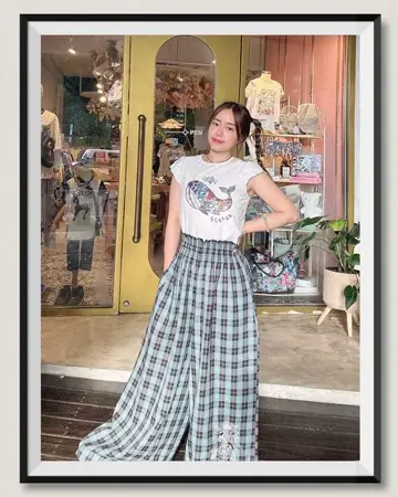 543214：花蝶刺繍タータンチェック柄パンツの通販-ScoLar