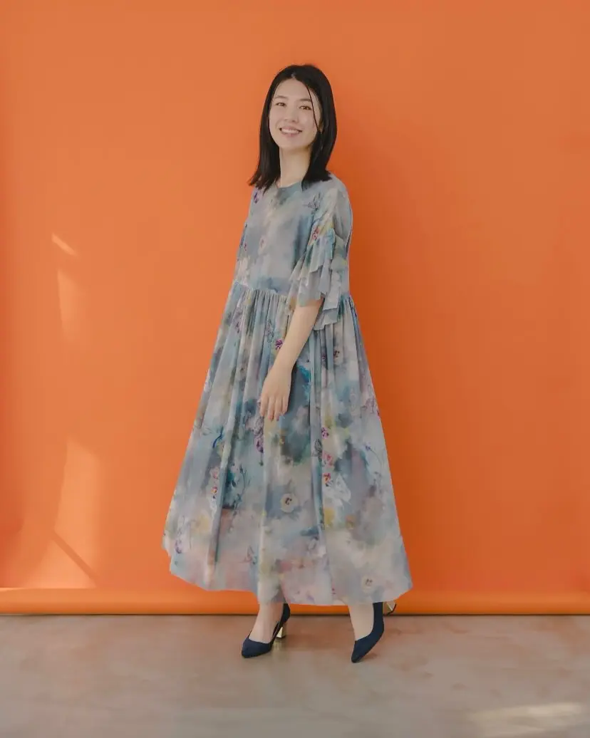 551236：花蝶アート柄 チュール重ねワンピースの通販-ScoLar