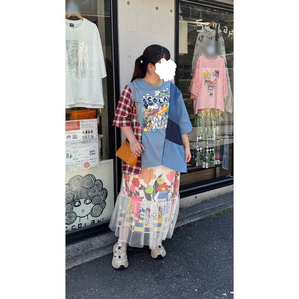 153624：26周年スタート柄 チェック×デニム切替チュニックの通販-ScoLar