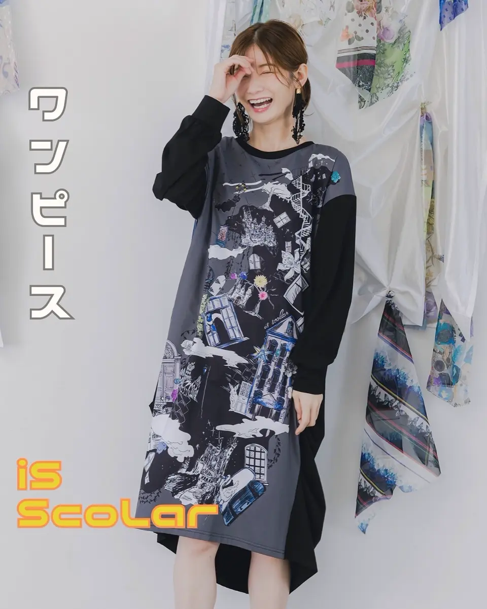 iS ScoLar 553239：不思議な街柄タック入りワンピース 553239：不思議な街柄タック入りワンピースの通販-ScoLar