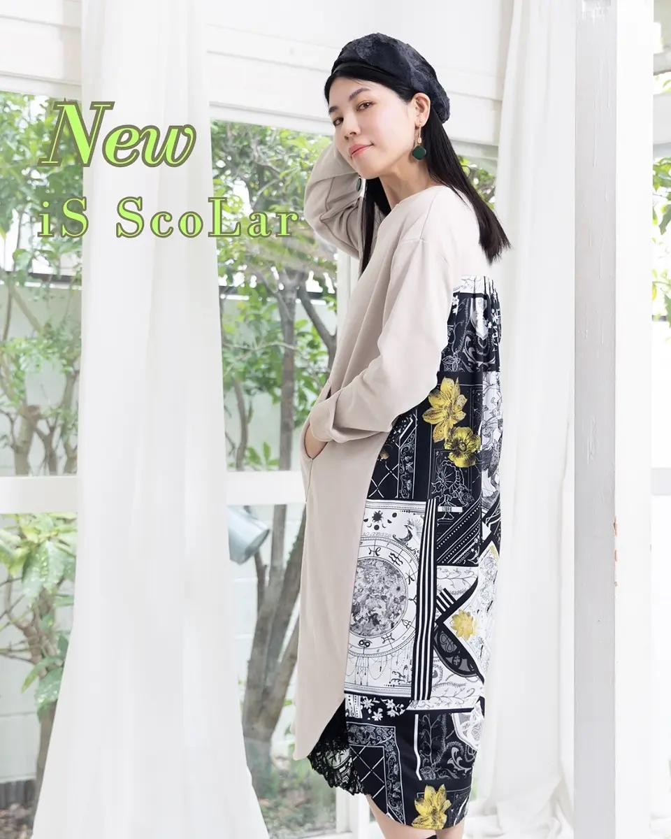 553242：パッチワーク風柄 異素材切替ワンピースの通販-ScoLar