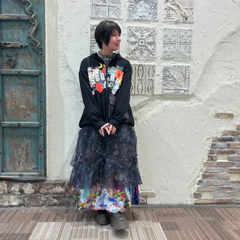 153678：2柄展開タック入りチュールバルーンワンピースの通販-ScoLar