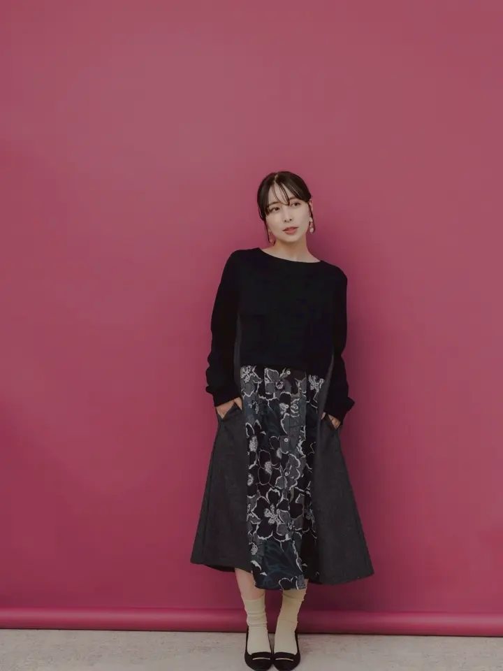 553268：花柄×無地バイカラー裏毛ワンピースの通販-ScoLar