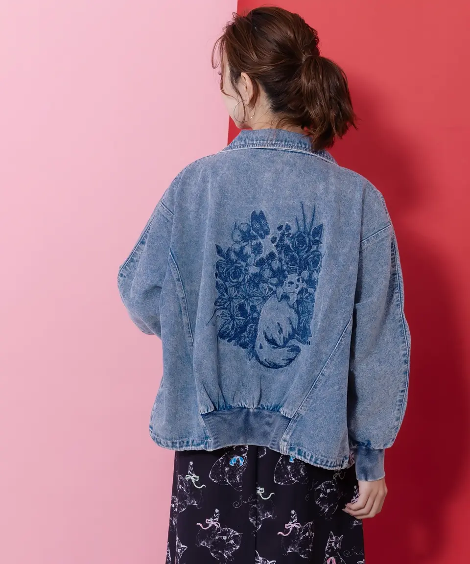 161614：ヴィンテージ風ネコ刺繍デニムジャケットの通販-ScoLar