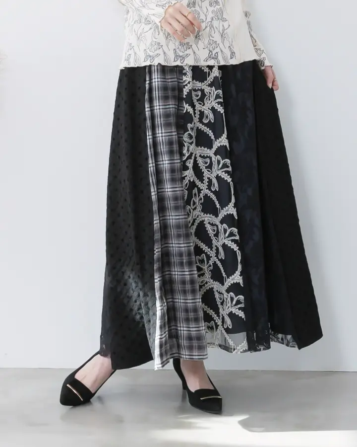 561211：ドット×チェック×チュール×レース切替スカートの通販-ScoLar