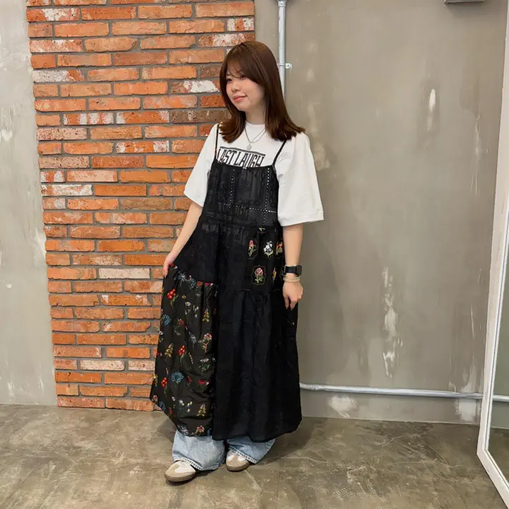 162603：花刺繍×コットンレース×シアー 異素材キャミワンピースの通販