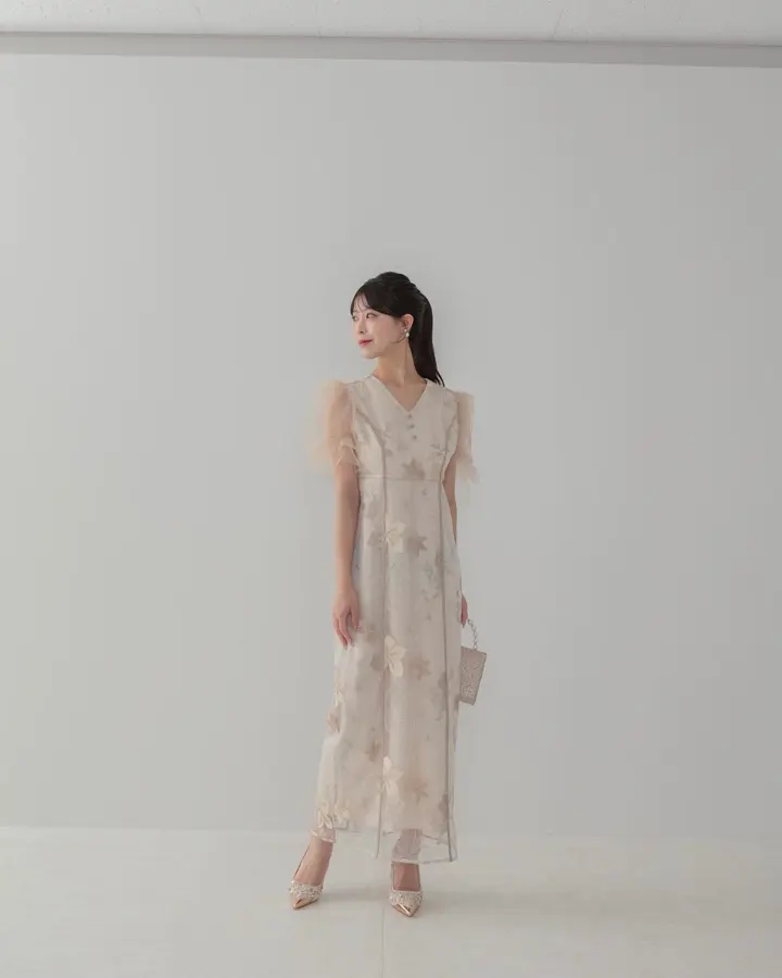 当日発送】フラワーチュールパフスリーブIラインワンピース