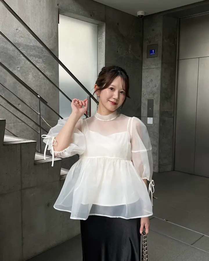 当日発送】シアーオーガンジーハイネックバックリボンブラウス
