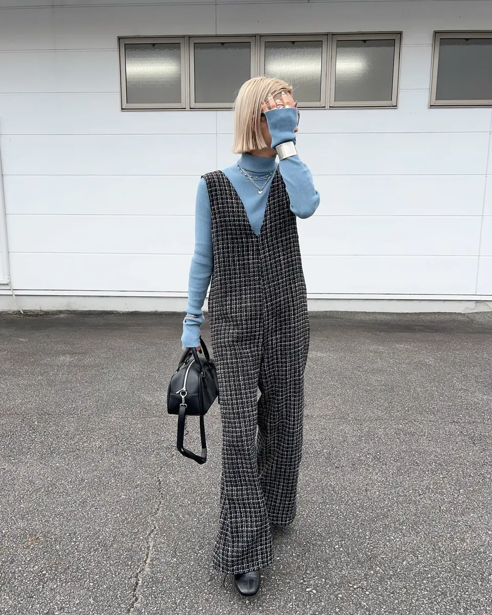 ツイードVネックオールインワン レディース 春 秋 冬 M L | アクア