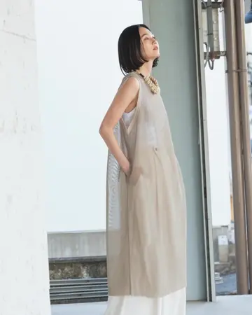 限定アイテム＞MESH SLEEVELESS DRESS-BEIGE-メッシュスリーブレス