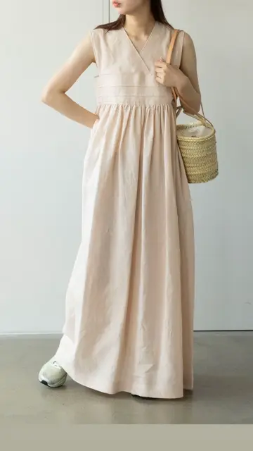 a line linen maxi dress 100% Linen Surplice Neck A Line Maxi Dress JUDITH, Sage Apple / M main image 1