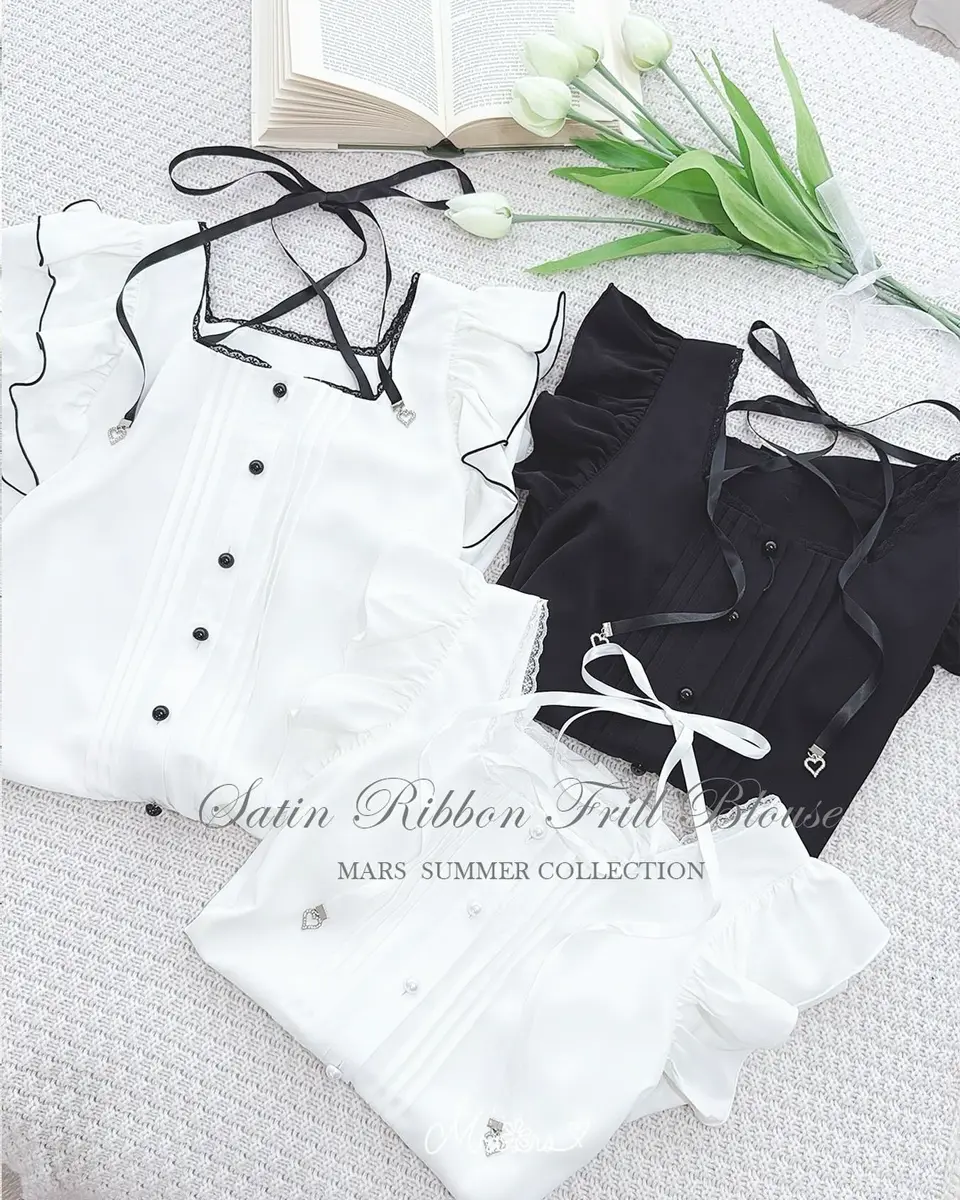 MA*RS】サテンリボン付きフリルブラウス - WHT/ブラック size-F