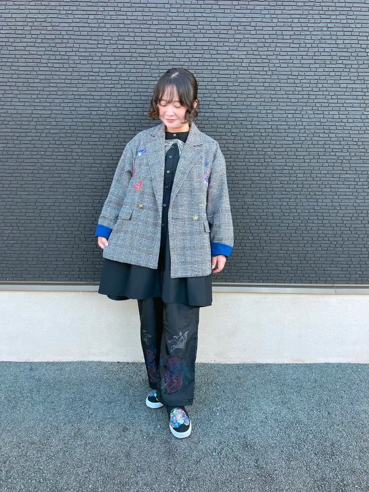 553251：花蝶刺繍のオーバーサイズ チェック柄ジャケットの通販-ScoLar