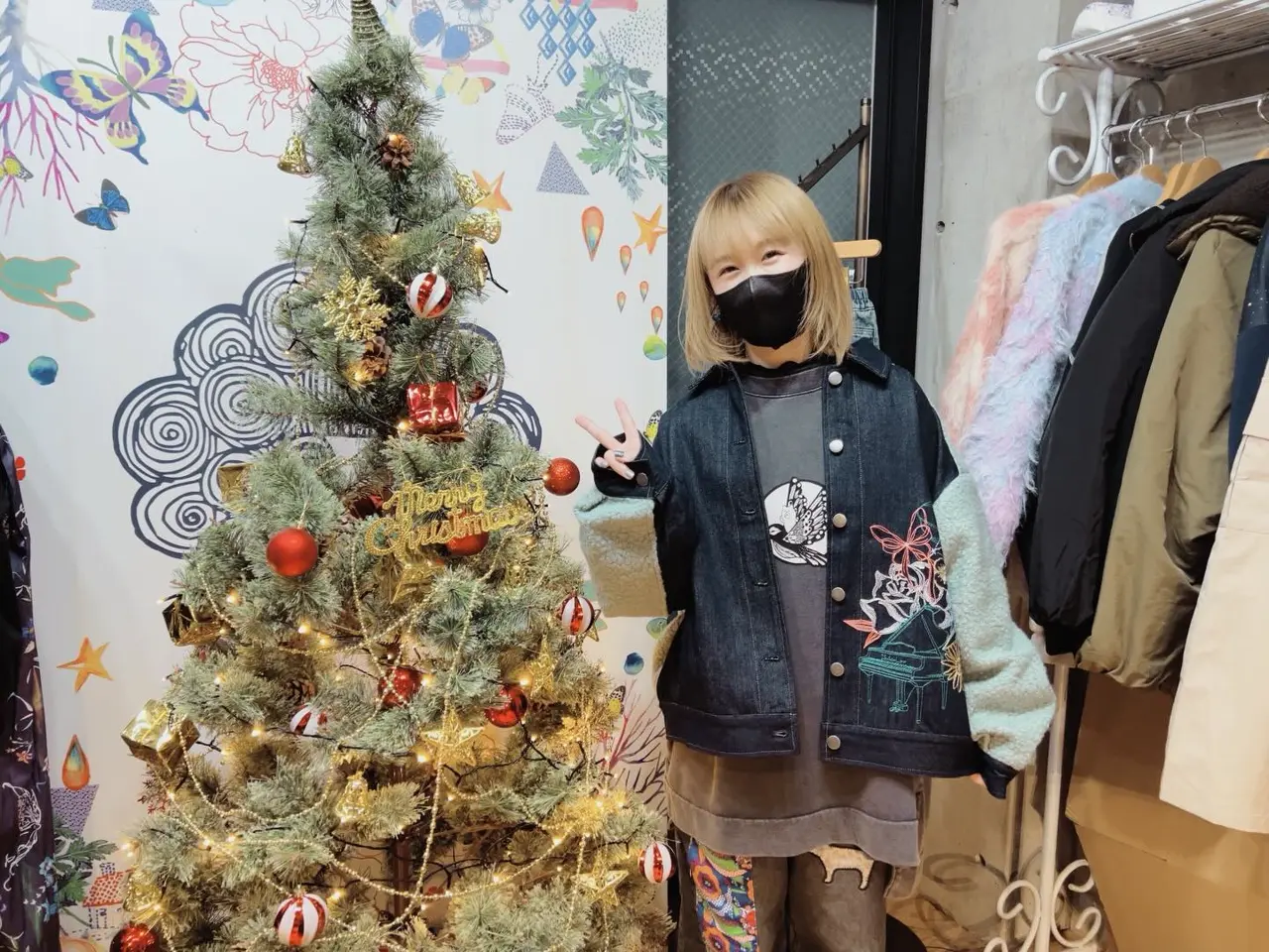 553250：花蝶刺繍デニム×プードルボア 切替ジャケットの通販-ScoLar