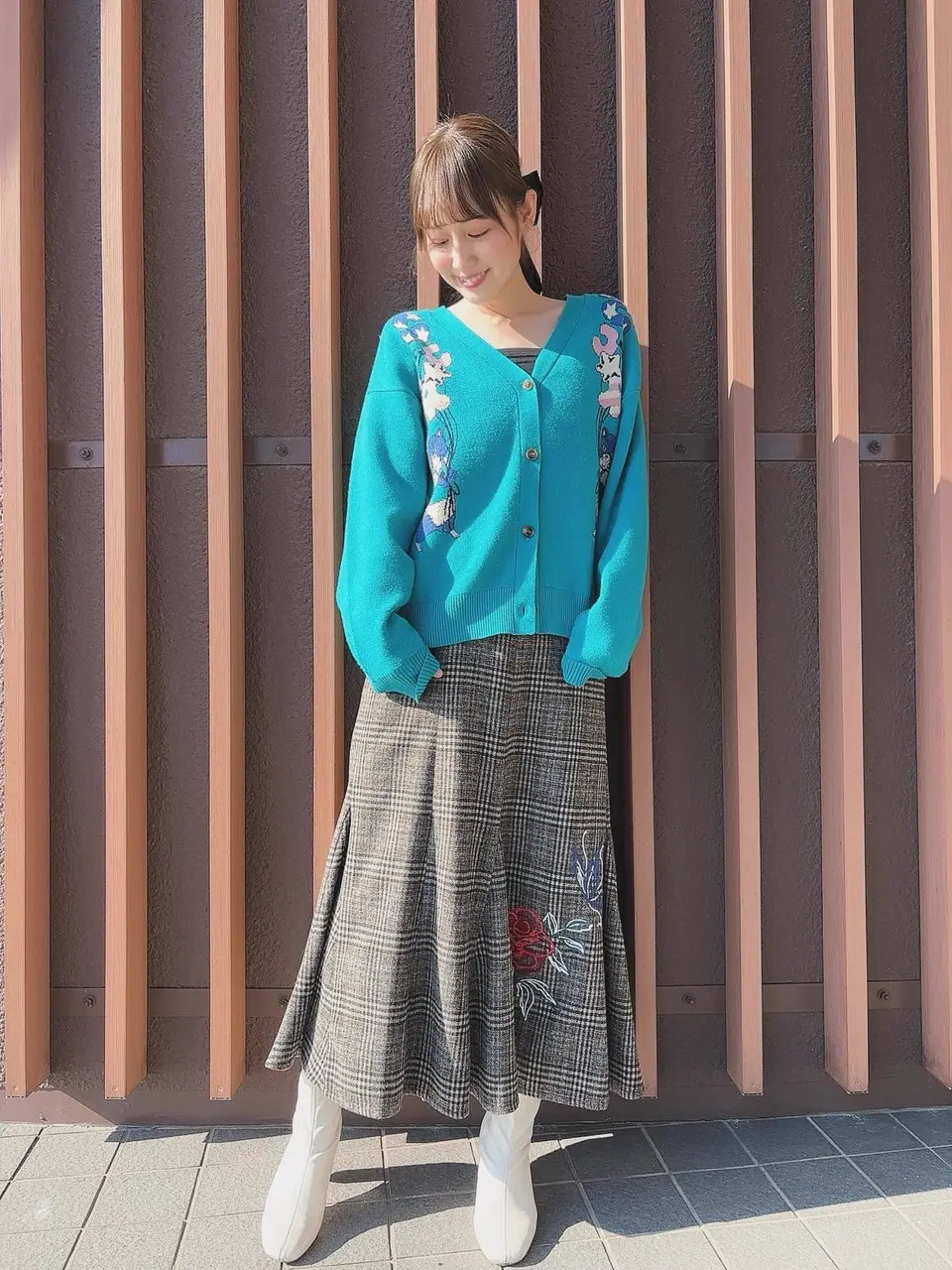 553259：バラ×蝶刺繍起毛 チェックマーメイドスカートの通販-ScoLar