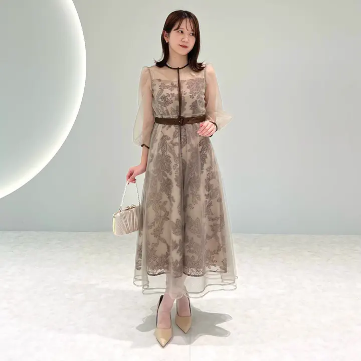 当日発送】チュールパイピングリーフベルトAラインドレス/パーティー