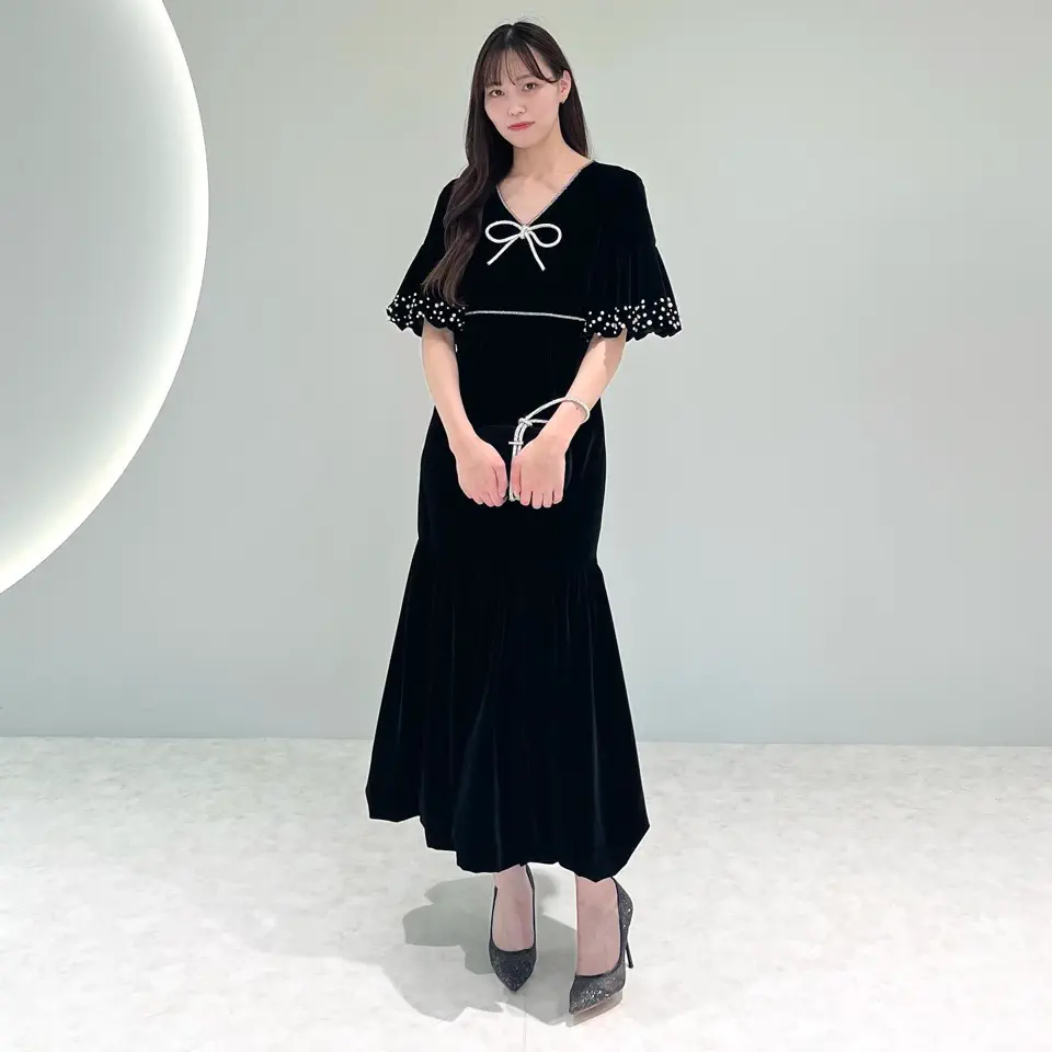当日発送】パールストーンリボンベロアギャザーワンピース/パーティー