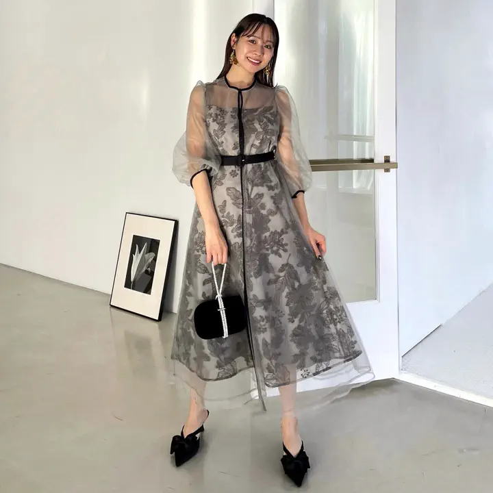 当日発送】チュールパイピングリーフベルトAラインドレス/パーティー