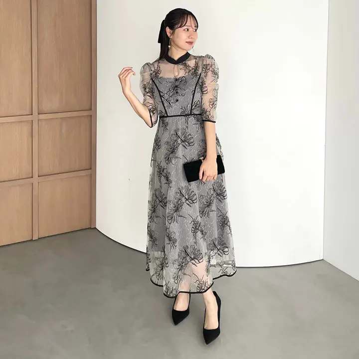 当日発送】パイピングハイネック花柄ラメレースドレス/パーティー