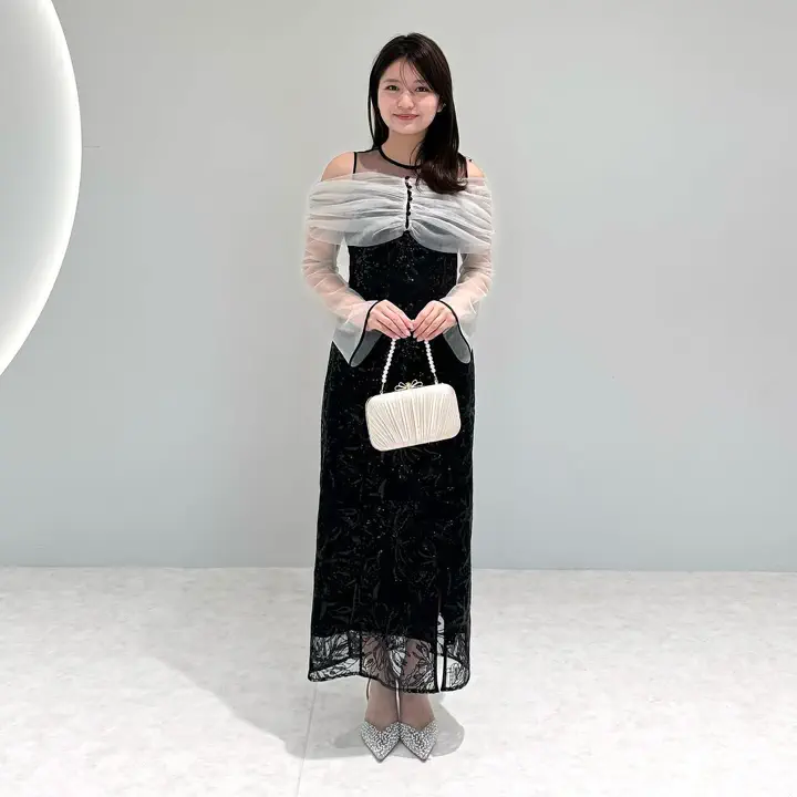 一部当日発送】チュールオフショルダー花柄Iラインドレス/パーティー