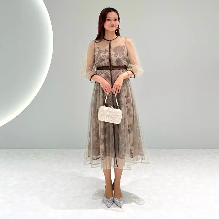 当日発送】チュールパイピングリーフベルトAラインドレス/パーティー