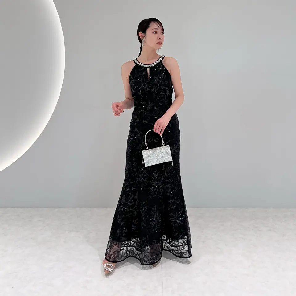 LEJA LUXE】ビジューホルターネックボタニカルマーメイドドレス