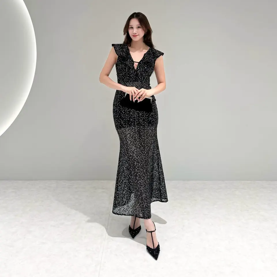 【LEJA LUXE】ラメタイトマーメイドドレスワンピース 美脚効果結婚式 LEJA LUXE】Vネックラメタイトマーメイドドレス