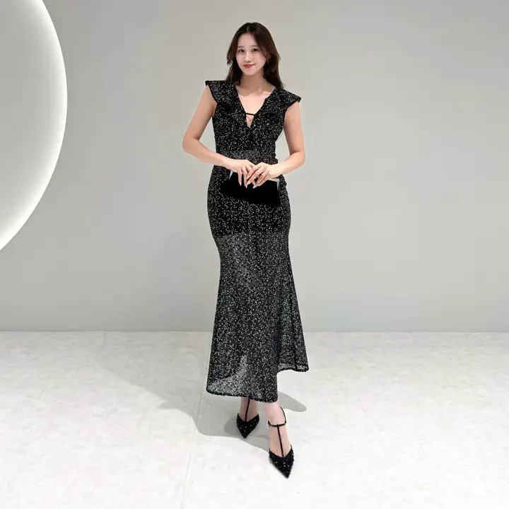 LEJA LUXE】Vネックラメタイトマーメイドドレス