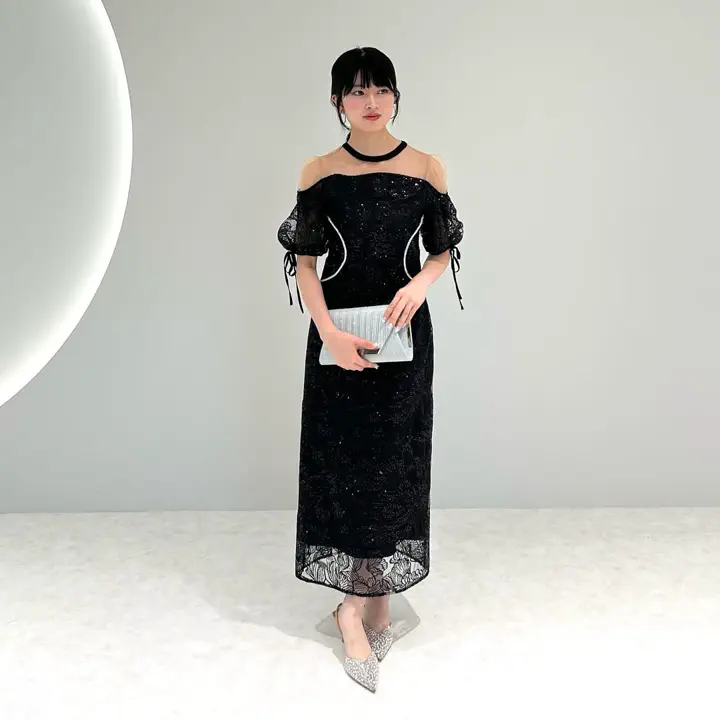 当日発送】スパンコールウエストデザインIラインワンピース結婚式ドレス