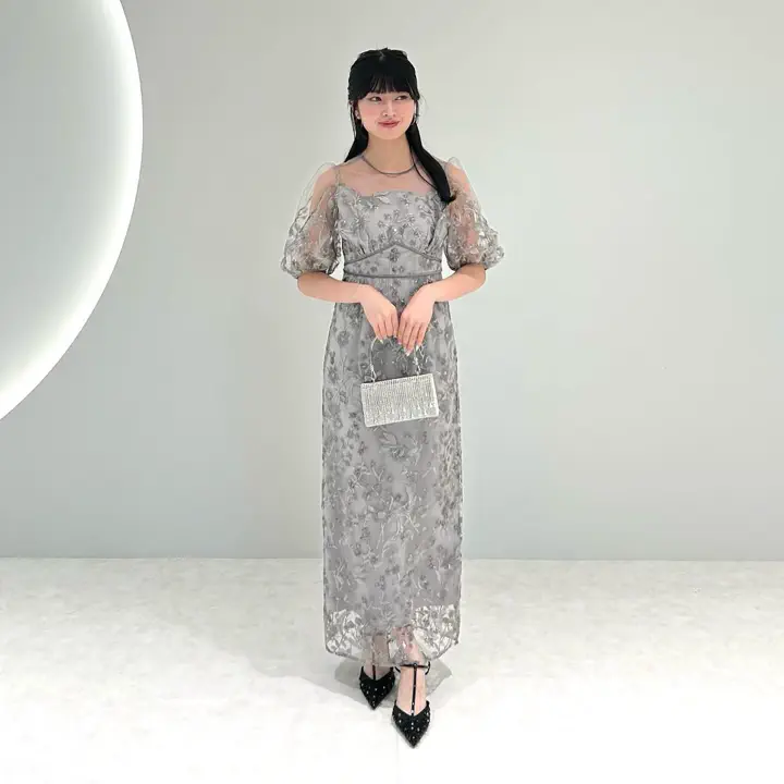 当日発送】フラワーディテールパフスリーブIラインワンピース結婚式ドレス