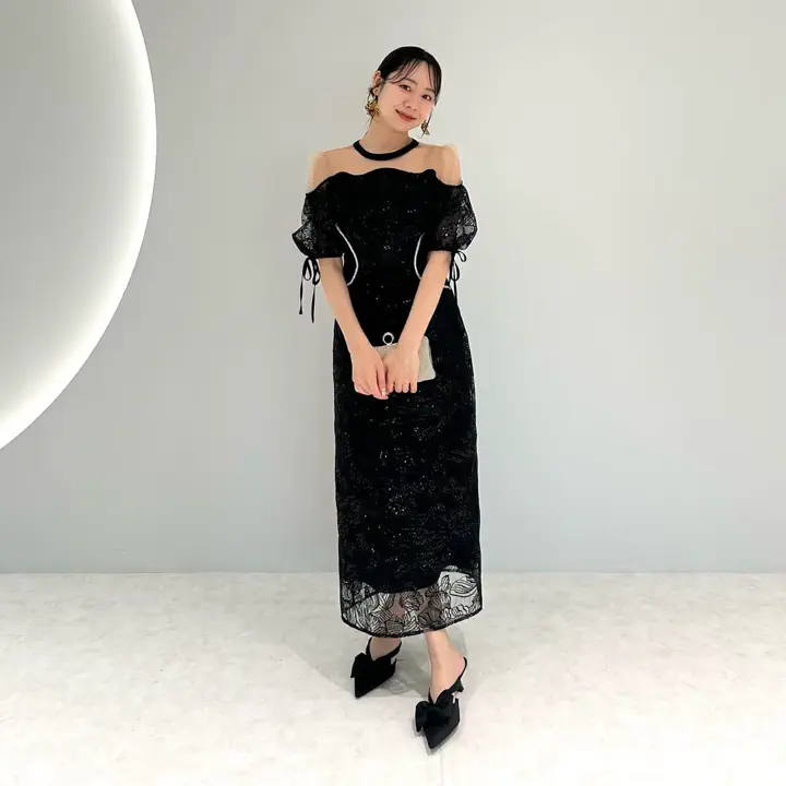 黒スパンコールワンピース3724 当日発送】スパンコールウエストデザインIラインワンピース結婚式ドレス