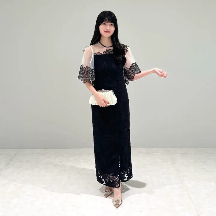 当日発送】シアーレースフラワーIラインワンピース結婚式ドレス