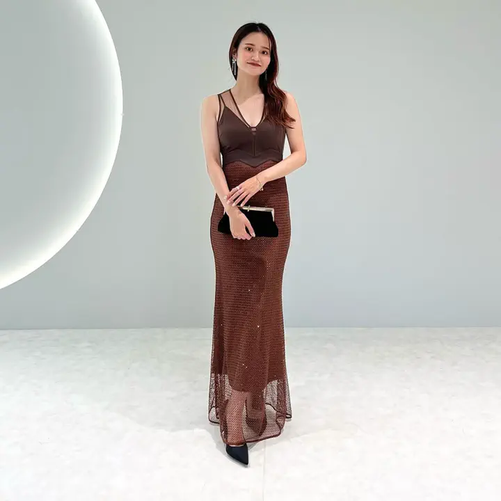 LEJA LUXE】VネックメッシュストーンIラインドレス