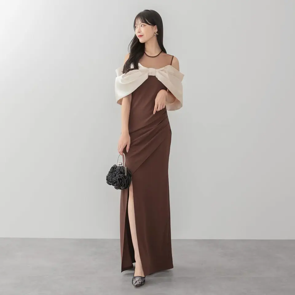 LEJA LUXE】ビッグリボンシアーショルダードレープロングドレス